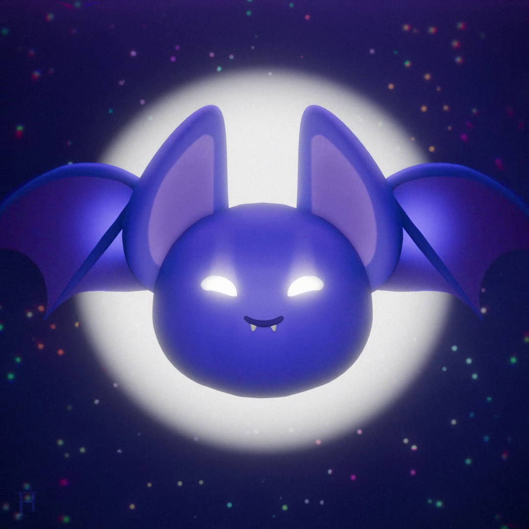 Stylized purple bat with kind glowing eyes